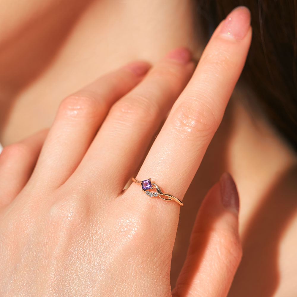 【受注生産】K10PG アメジスト＆ダイヤモンド スクエアリング｜96-2302